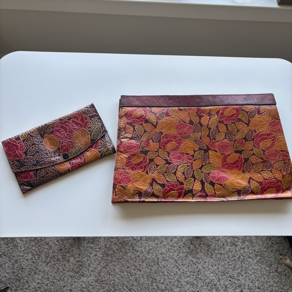 Floral Embossed Leather Clutch & Wallet Set